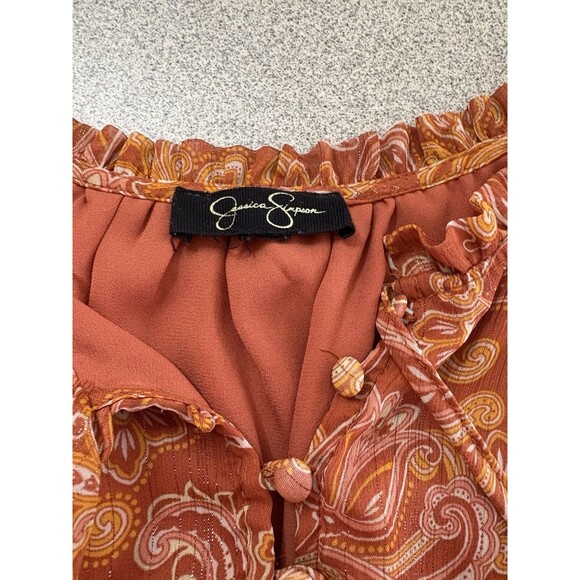 Jessica Simpson XL Blouse Auburn Orange Folkloric Emery Boho Lined Button Front - Picture 2 of 6